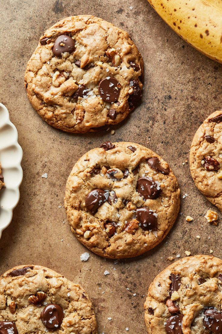 chocolate chip cookies and bananas on a table