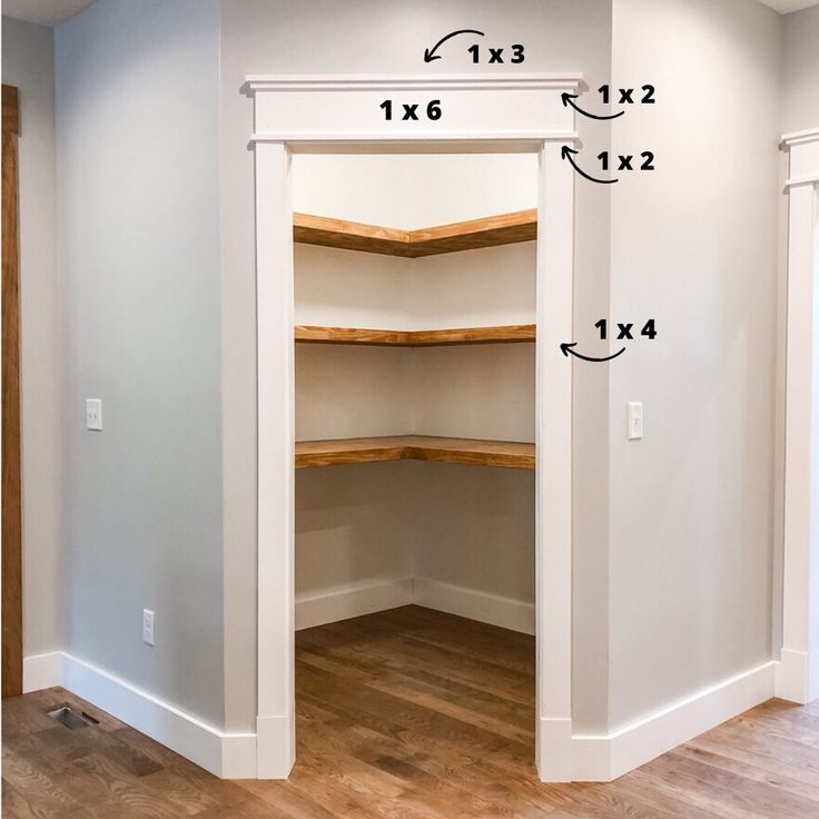 an empty closet is shown with measurements for the shelves