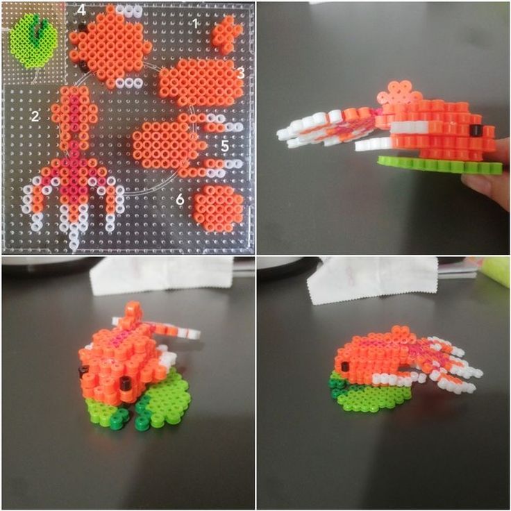 four images show how to make an origami toy with plastic beads and glue