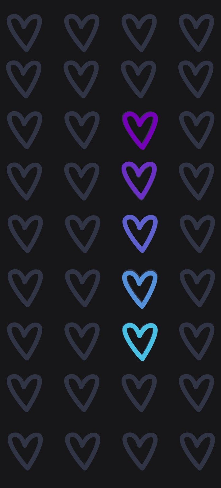 hearts are arranged in different colors on a black background with blue and purple outlines