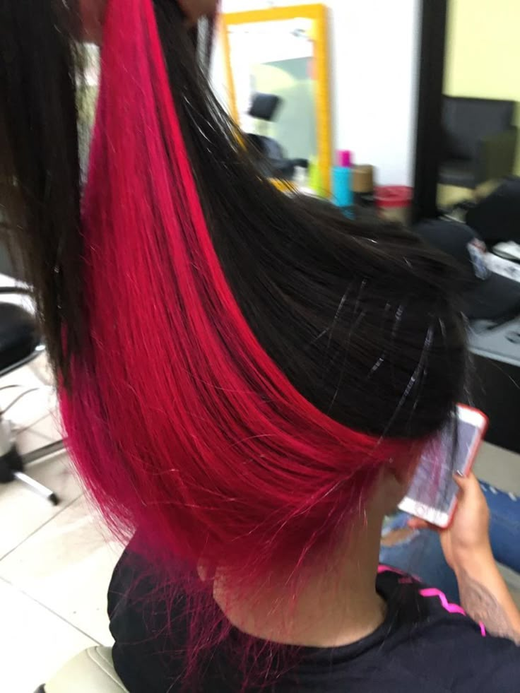 Spice Up Your Hair: Gorgeous Red Highlights Pink Hair Underneath Black, Dye Under Hair, Hot Pink Underneath Hair, Black Hair With Pink Underneath, Black Hair With Red Underneath, Red Underneath Hair, Hot Pink Peekaboo Hair, Pink Hair Underneath, Red Underdye Hair