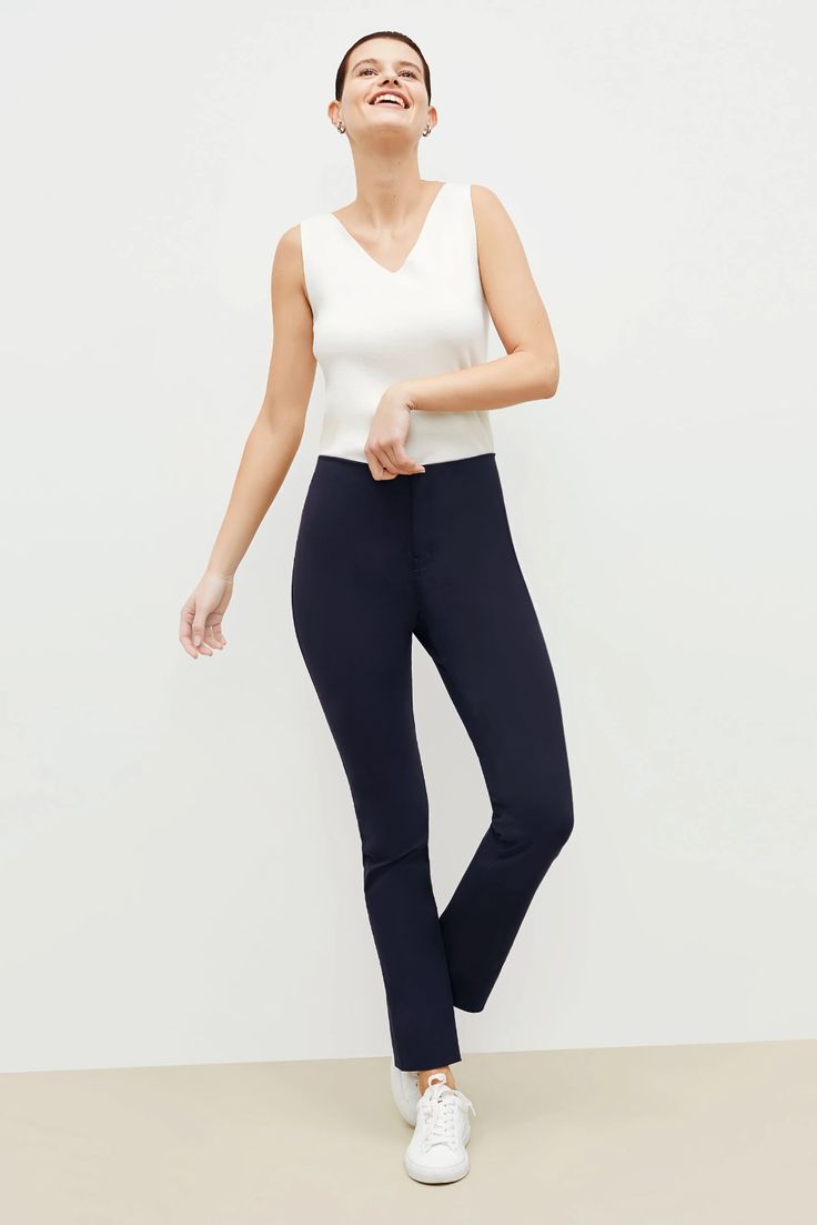 These high-waisted, better-than-denim straight jeans are crafted from a machine-washable Turkish two-way stretch cotton that provides comfort, ease, and excellent recovery (no baggy knees here!). Stretch Straight Jeans For Business Casual, Business Casual Stretch Straight Jeans, Stretch Elastane Jeans For Business Casual, Spring Stretch Jeans For Business Casual, Spring Business Casual Stretch Jeans, Stretch Elastane Tapered Leg Jeans, Straight Leg Elastane Jeans For Business Casual, Versatile Fitted Jeans For Business Casual, Chic Stretch Jeans For Business Casual