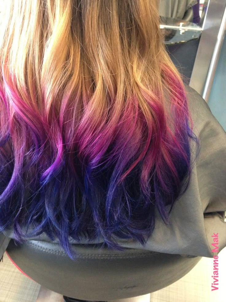 Pink And Purple Ends Hair, Pink And Purple Tips Hair, Blonde Hair Dipped Ends, Pink Purple Blue Ombre Hair, Pink Purple Blue Hair Streaks, Pink To Purple Ombre Hair, Pink And Blue Ombre Hair, Hair Ends Dyed, Dip Dyed Hair