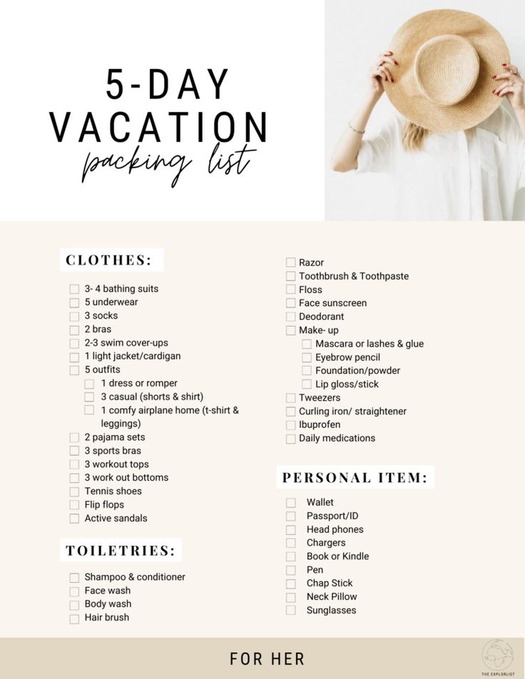 the 5 day vacation packing list is shown in black and white with an image of a woman