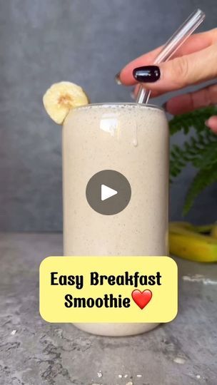 a person is holding a banana in a smoothie cup with the words easy breakfast smoothies on it