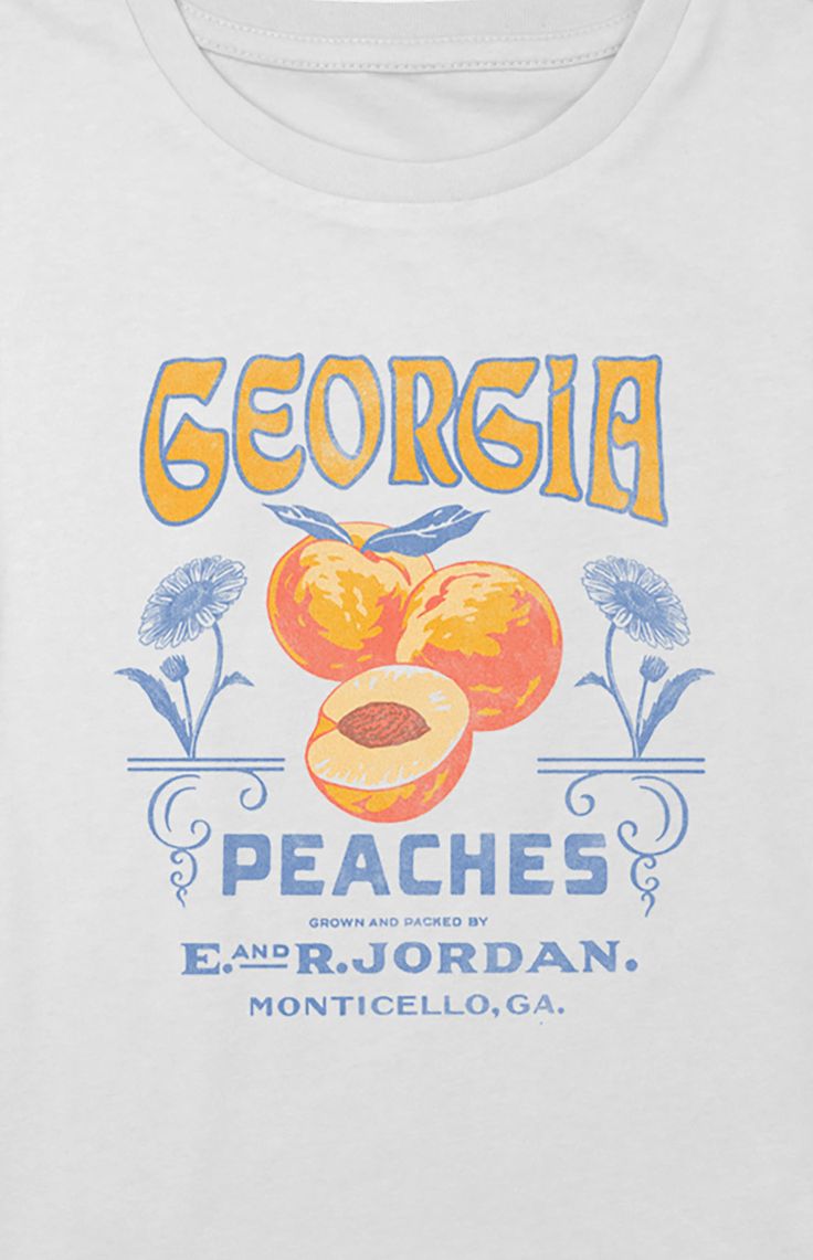 Online only! The Kids Georgia Peaches T-Shirt showcases a sweet and playful design inspired by Georgia's famous peaches. With a crew neckline, short sleeves, and a comfortable fit, it's a delightful choice for young ones to show their love for this iconic fruit and state.   	Solid color tee 	Short sleeves 	Crew neckline 	Front graphic 	Regular fit 	60% Cotton, 40% Polyester 	Machine washable Vintage Tshirt Design, Georgia Peaches, Etsy Prints, Kids Graphic Tees, Gap Kids, Kids Sale, Positive Words, Indie Brands, Graphic Tee Shirts