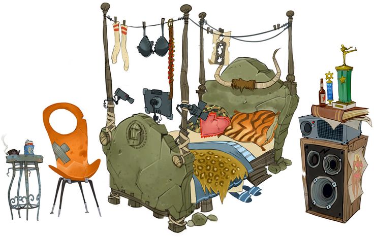 an illustration of a bed with many items on it and a chair next to it