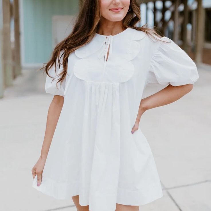 White Scalloped Trim Babydoll Dress Purchased From Fly Boutique Nwt! Size S Cute Flowy Mini Dress With Puff Sleeves, Cute White A-line Mini Dress, White Flowy Puff Sleeve Day Dress, White Flowy Puff Sleeve Dress For Daywear, Cute White Dress For Dress Down Occasions, Cute White Dress Down Dress, Cute White Dress For Casual Wear, Cute Flowy Short Sleeve Mini Dress, Cute Flowy Mini Dress With Short Sleeves