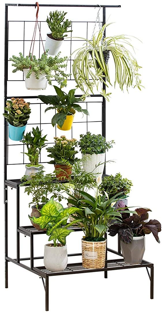 a black metal plant stand with potted plants on it