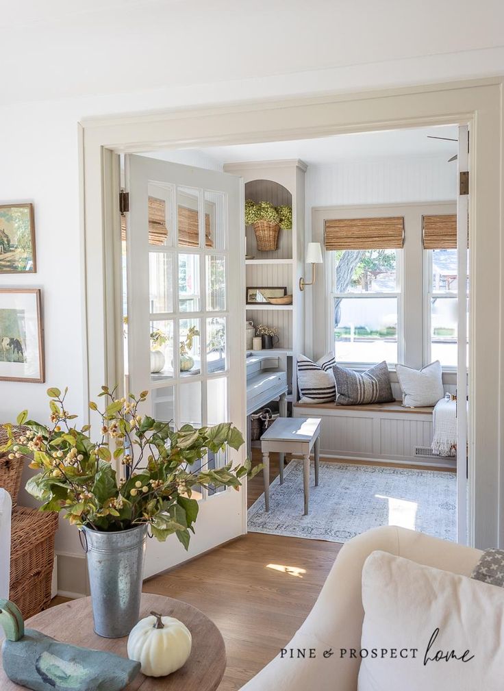 a living room filled with furniture and a potted plant on top of a table