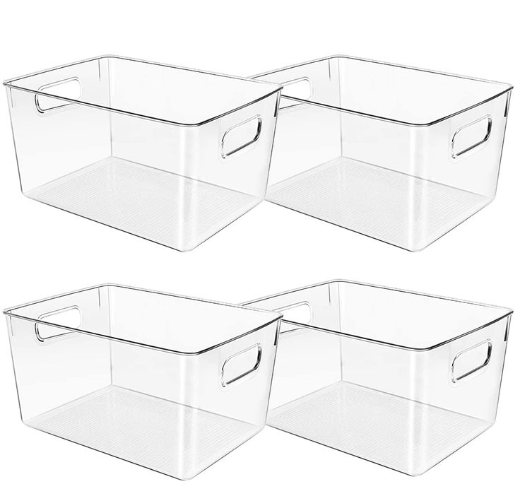 three clear plastic storage bins with lids