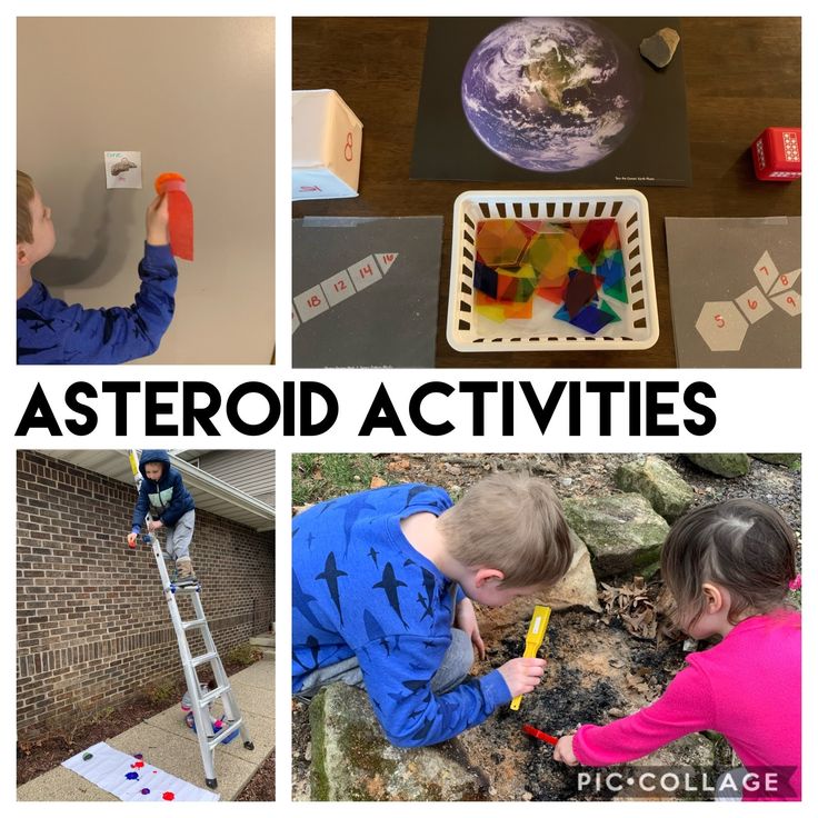 four photos with the words, asteroid activities and pictures of children playing outside