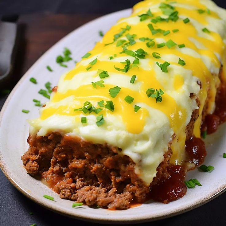 meatloaf covered in cheese and sauce on a plate