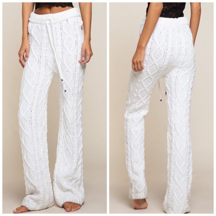 Brand New Purchased Directly From The Vendor. Additional Tags Do Not Come Attached. The Perfect Loungewear. High Quality, Ultra Soft. Long Pants With Dawstring Waist Band And Tie, Featured In Cheniile Sweater With Twisted Weave. Fabric : 100% Polyester White Knit Pants For Spring, Spring White Knit Pants, White Relaxed Fit Knit Bottoms, White Stretch Knit Pants, White Casual Knit Pants, Casual White Knit Pants, Cable Knit Loungewear Bottoms, Cable Knit Bottoms For Fall Loungewear, Fitted Cable Knit Casual Bottoms