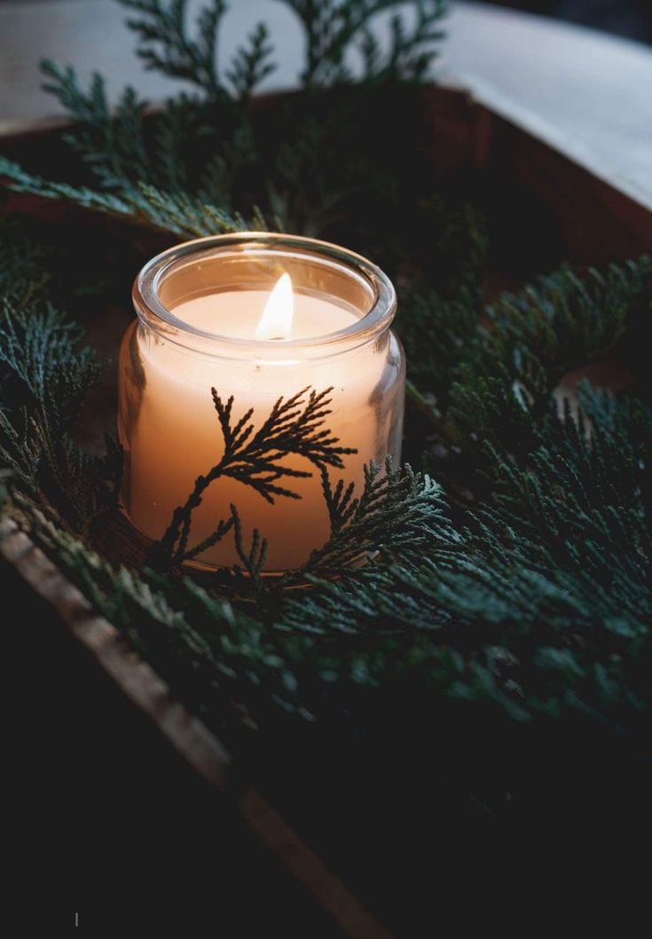 a lit candle sitting on top of a wooden box filled with pine needles and branches