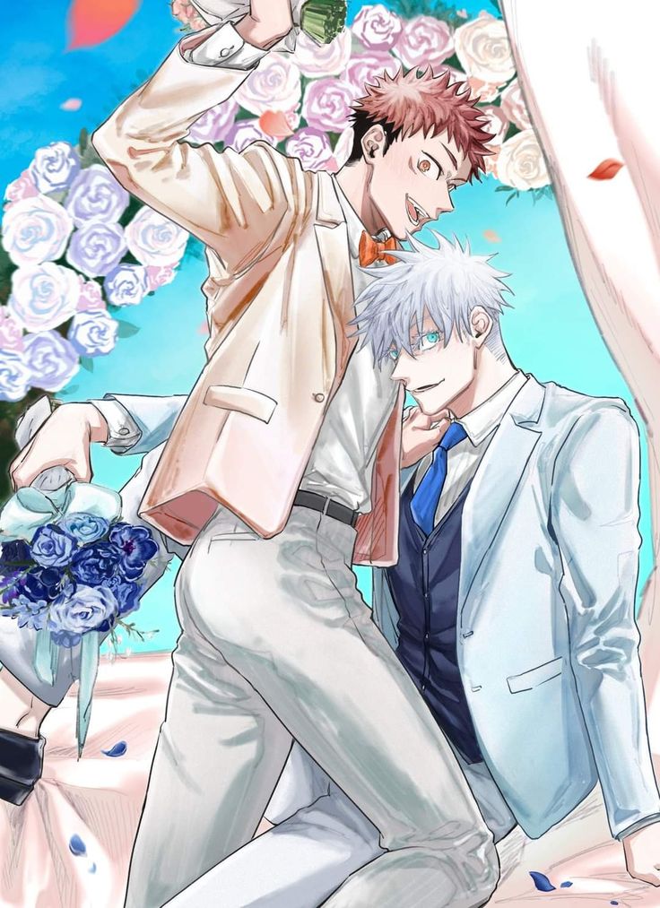 two men in suits standing next to each other with flowers on their head and one man holding