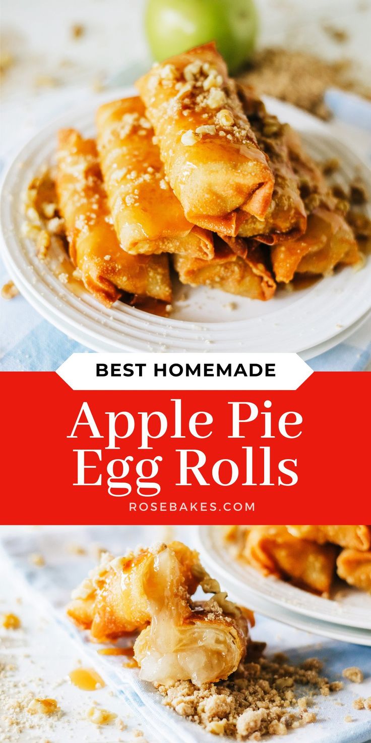 the best homemade apple pie egg rolls recipe on a plate with an apple in the background