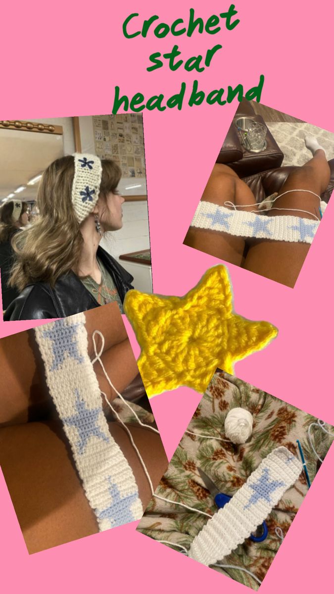 crochet star headbands are shown in four different pictures, one is yellow and the other is white