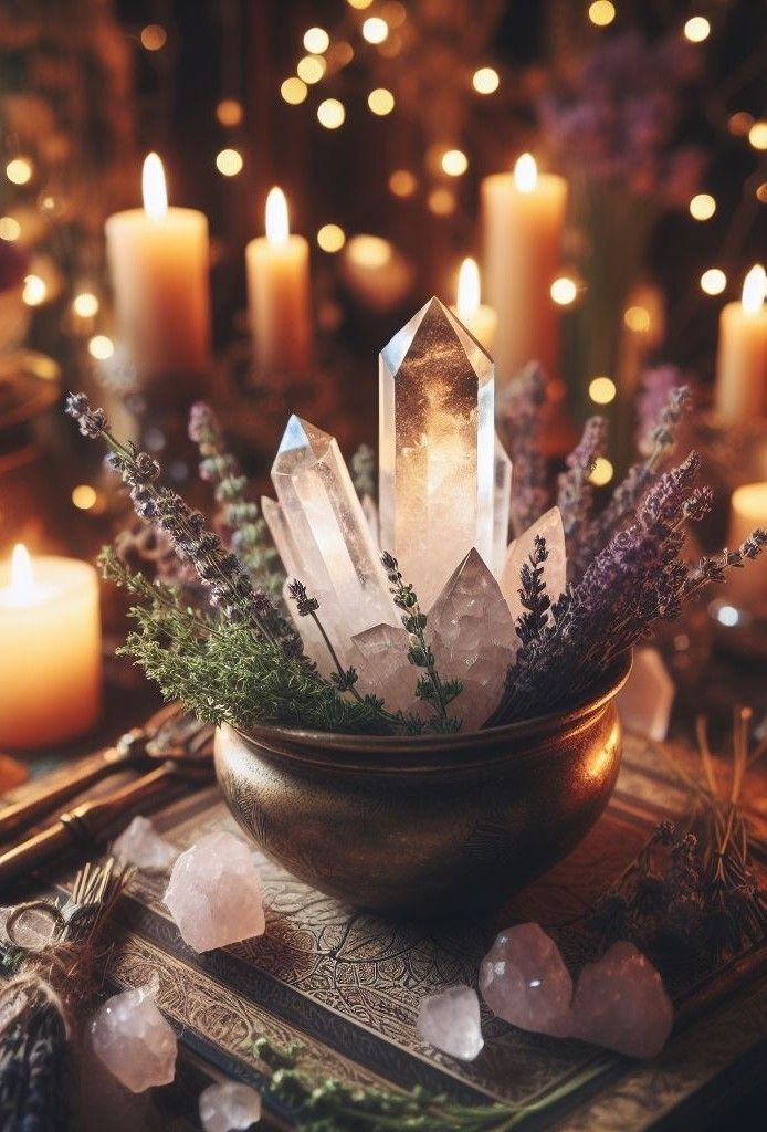 crystals and lavenders in a bowl on a table with candles