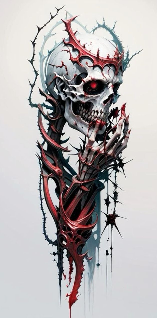 a skull with red and black paint on it's face is surrounded by spikes