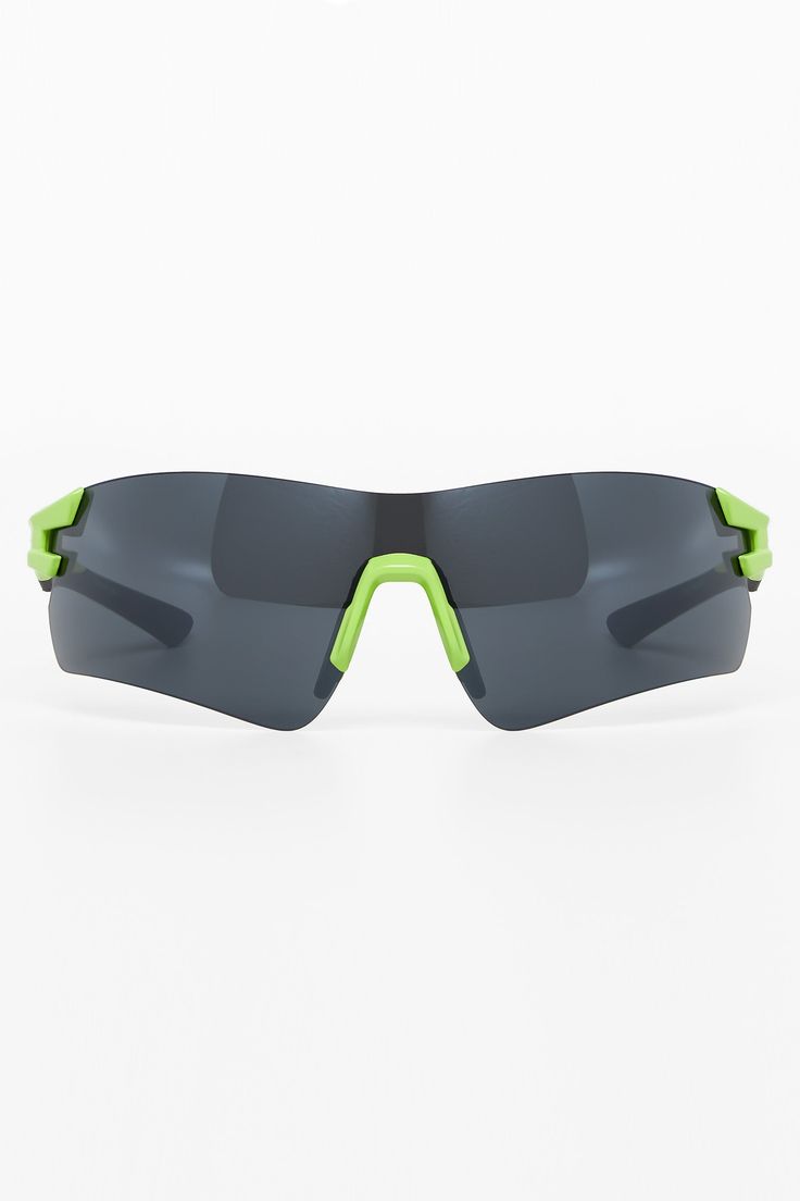 a pair of sunglasses with green trim and grey lenses