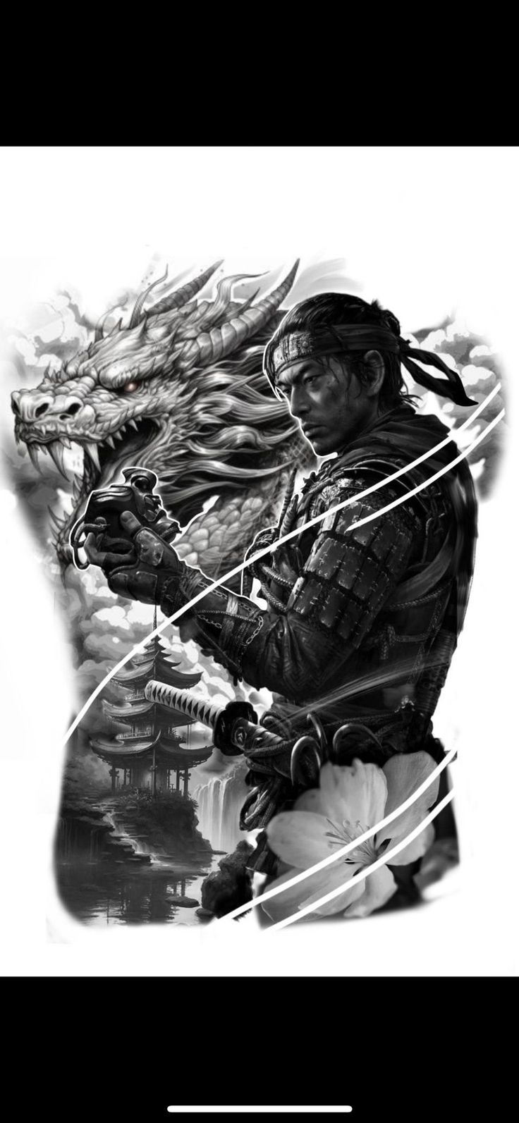 a black and white photo of a man with a dragon on his shoulder holding a bow