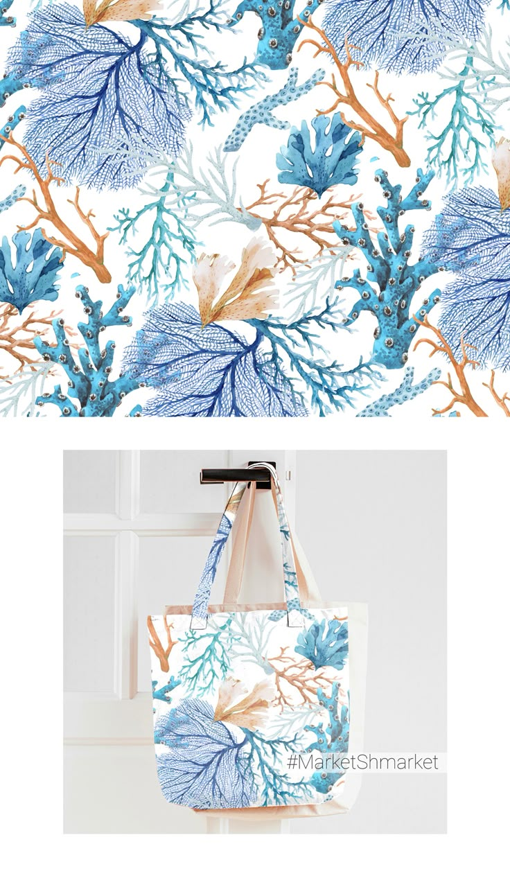 two bags with blue and orange flowers on them, one is hanging from the wall