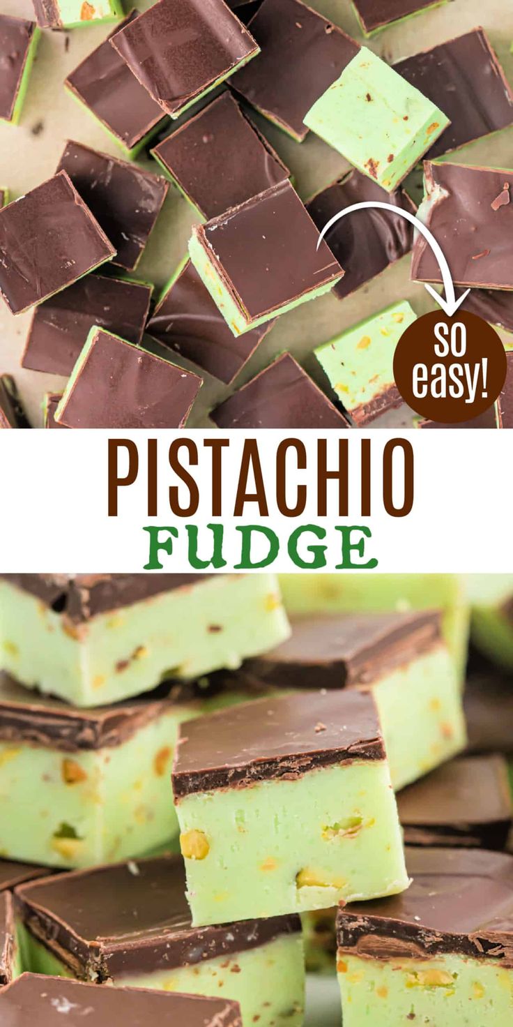 chocolate and pistachio fudge with text overlay that reads so easy to make