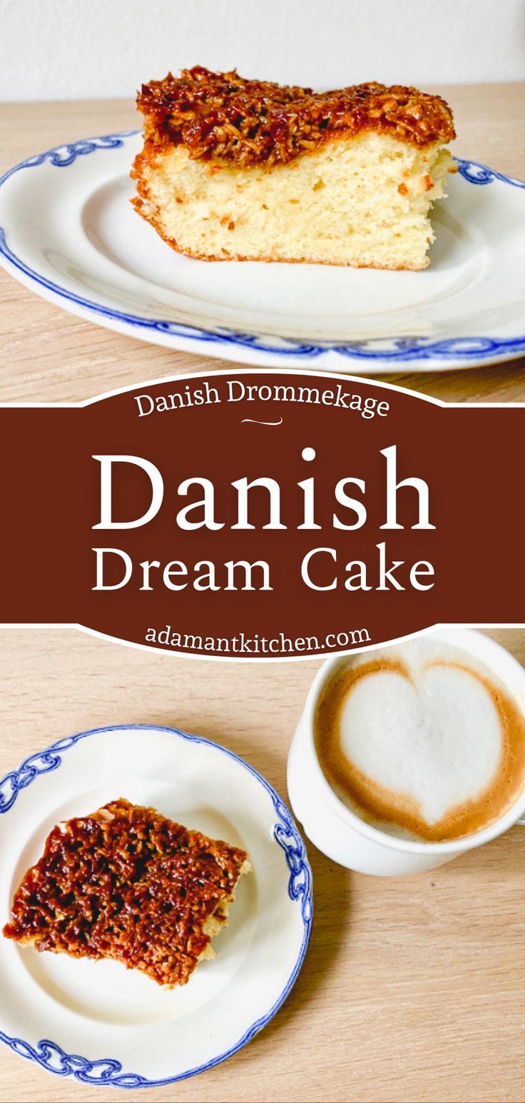 homemade Danish dream cake slice on a plate next to a homemade latte Danish Dessert Recipes Denmark, Danish Vegetable Recipes, Danish Drommekage, Danish Cake Recipe, Danish Desserts Traditional, Danish Dream Cake 12 Tomatoes, Danish Dinner Recipes, Danish Cream Cake, Traditional Danish Food