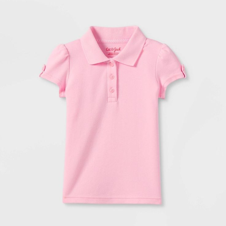 The Short-Sleeve Interlock Uniform Polo Shirt from Cat and Jack™ adds just the right amount of polish to your child's outfit. Showcasing a double-knit interlock fabric made from a soft cotton blend that’ll keep them comfy, this uniform polo shirt for toddlers has cute button accents on the sleeves for a slightly dressier look. Plus, the collared neck and three-button placket add classic style, and the rose-pink hue coordinates with a variety of solid or patterned bottoms. Cat and Jack™: Classics Cute Fitted Collared Top, Pink Collared Stretch Top, Pink Stretch Collared Tops, Casual Fitted Tops For Playtime, Fitted Solid Color Tops For School, Solid Fitted Tops For School, Pink Stretch Top For Playtime, Basic Fitted Tops For Playtime, Fitted Pink Top For School