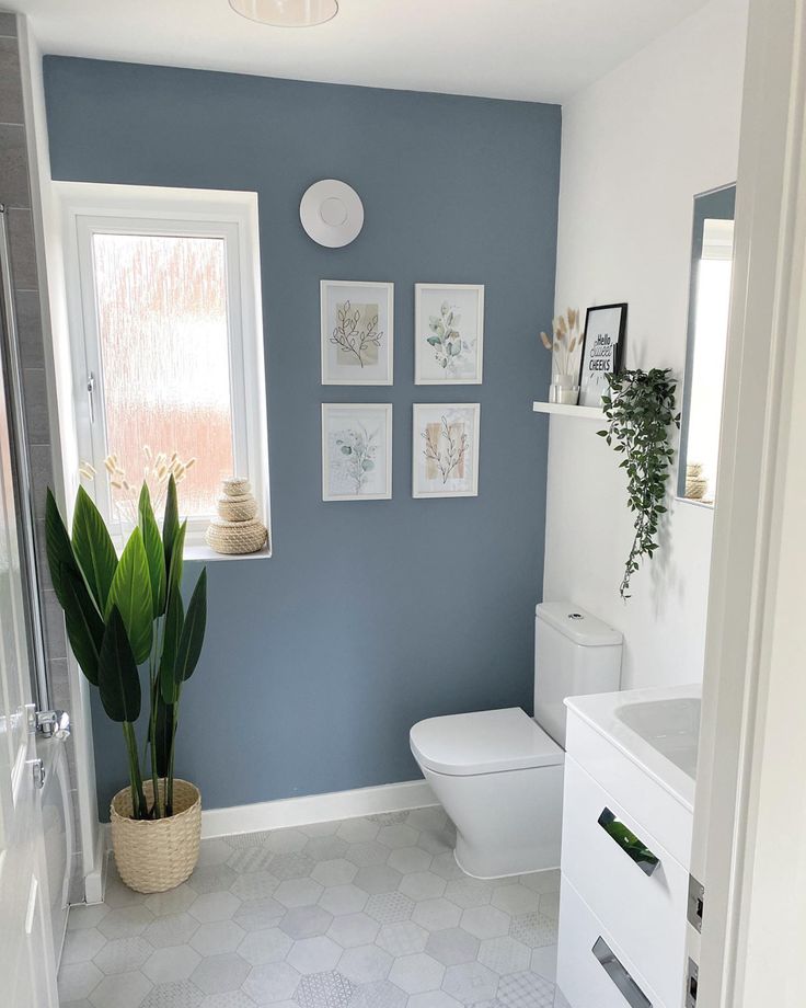 a white toilet sitting next to a bathroom sink under a window in a blue wall