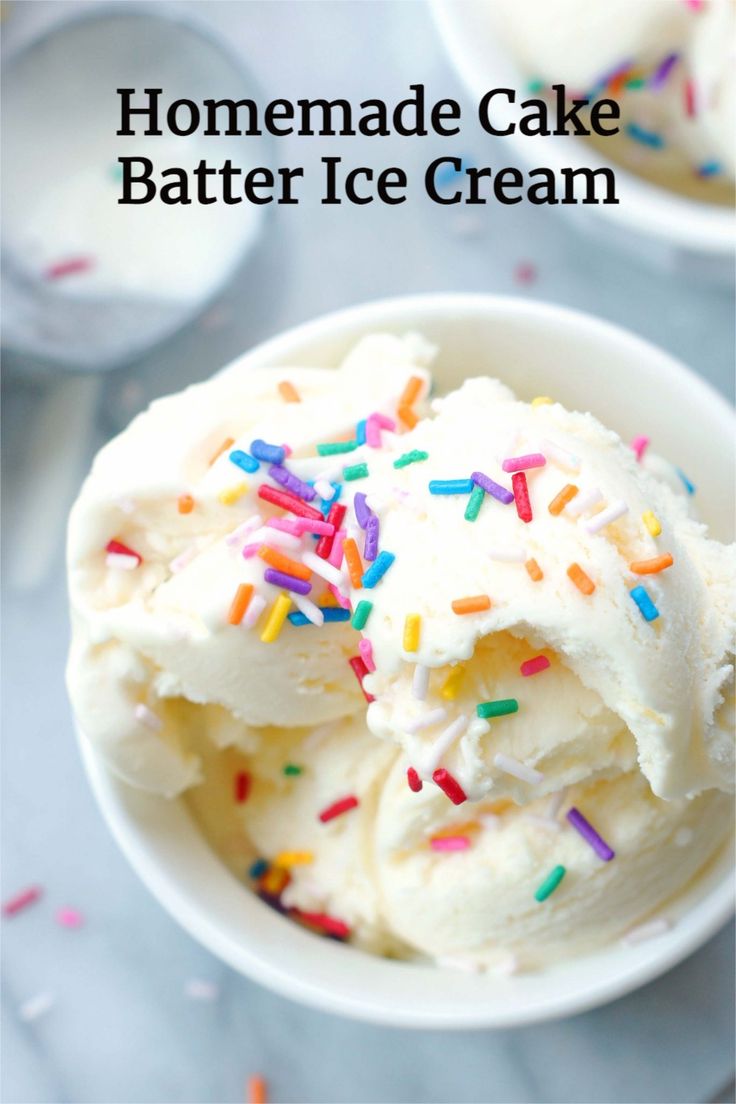 homemade cake batter ice cream in a white bowl with sprinkles on top