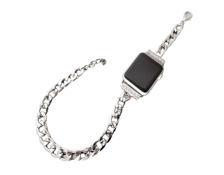 Super elegant and exquisite handmade chain link apple watch bracelet. Made to create a unique look to your favorite watch and make you feel special during all day and even night. The bracelet is made from gold plated brass chain links and decorated with gold plated details as round metal beads, chain extension and lobster claw clasp. PLEASE, MEASURE YOUR WRIST BEFORE ORDERING THE BAND. HOW TO MEASURE: Using a fabric tape measure, encircle the part of your wrist where you will be wearing your wat Elegant Metal Cuban Link Chain Bracelet, Luxury Adjustable Stainless Steel Chain Bracelet, Luxury Silver Jewelry With Chain Strap, Elegant Chain Link Bracelet Watch Bands, Elegant Chain Link Bracelet Strap Watch Bands, Luxury Chain Link Watch Band With Bracelet Strap, Elegant Silver Apple Watch Band For Formal Occasions, Elegant Silver Cuban Link Bracelet With Adjustable Chain, Luxury Stainless Steel Chain Bracelet With Rectangular Links