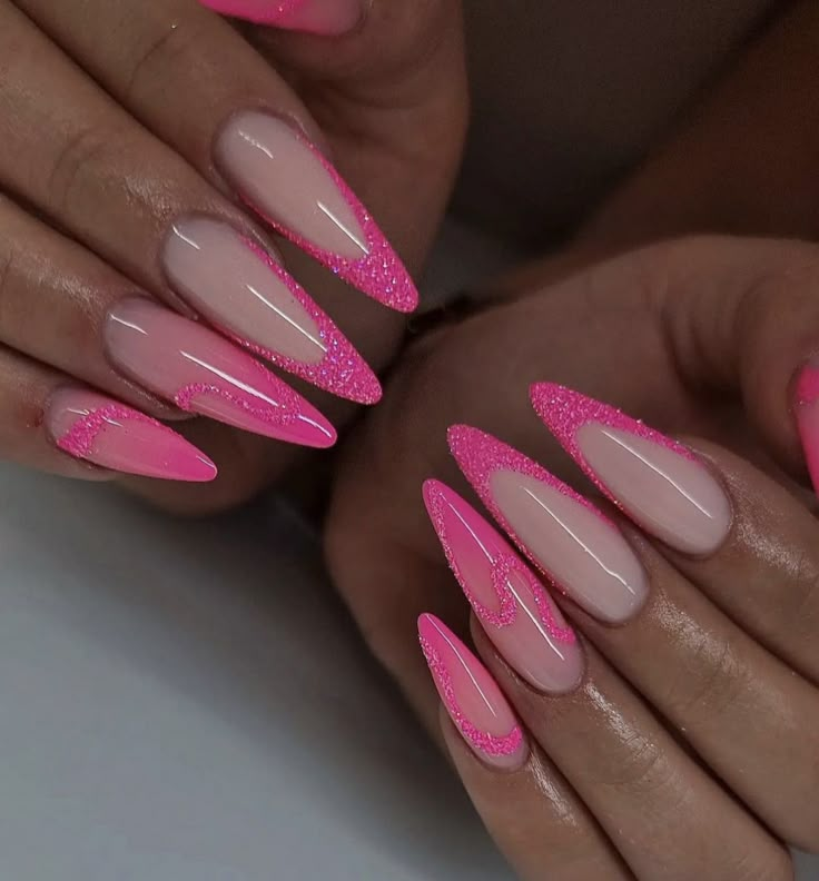 Hot Pink Diamond Nails, Diamond Pink Nails, Pink Nail Ideas, Pink Stiletto Nails, Diamond Nail Designs, Dark Pink Nails, Neon Pink Nails, Pink French Nails, Glitter French Tips