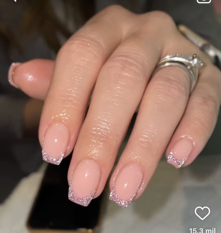 Florence Pugh Style, Gel Overlay Nails, Don't Worry Darling, Glitter French Nails, Glitter Tip Nails, Overlay Nails, Pink Glitter Nails, Simple Gel Nails, French Tip Acrylic Nails