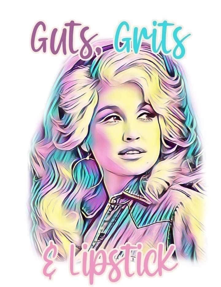 a drawing of a woman with the words guts, girls and lipstick