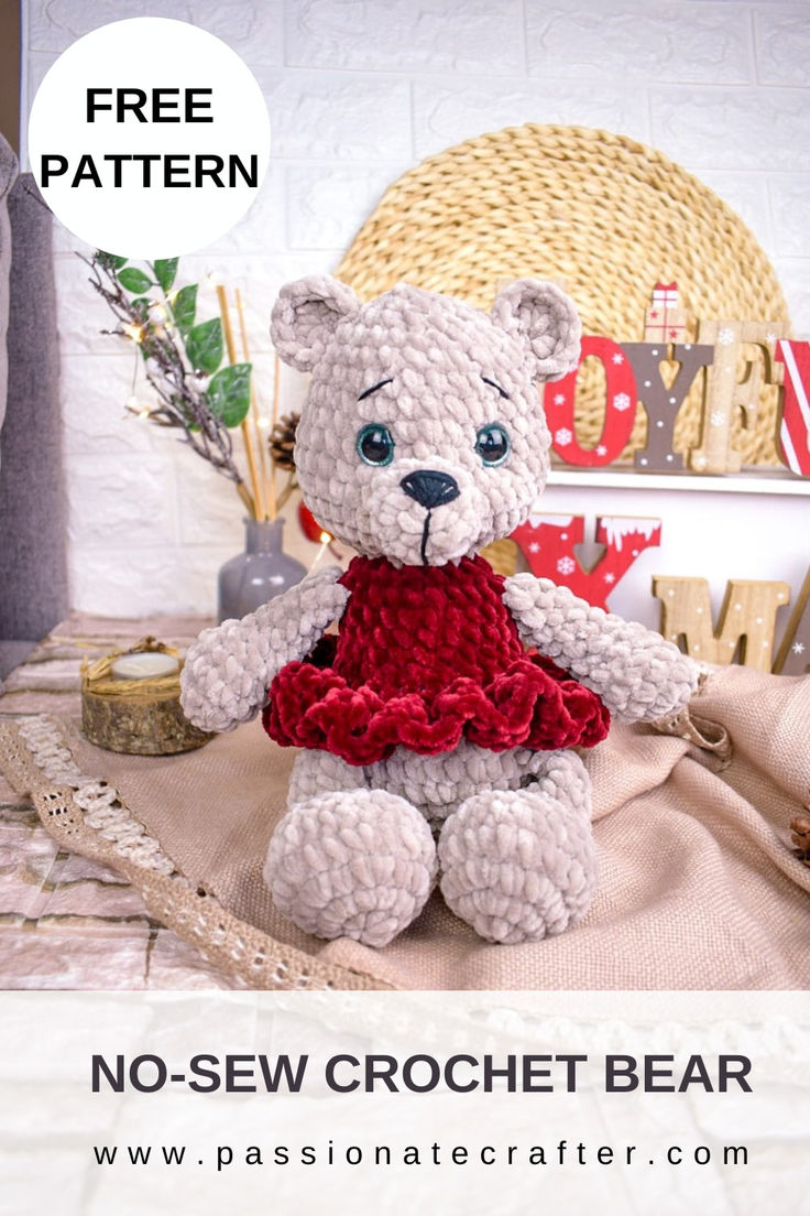 Crochet no sew bear pattern. No sew skills required! Crochet bear with red dress No Sew Bear Crochet Pattern Free, Crochet All In One Teddy Bear, Knitted Halloween, Crochet Sleepy Bear Free Pattern, Passionate Crafter, Beer Haken, Amigurumi Toys Free Pattern Little Bear Crochets, Crochet Teddy Bear Pattern Free, One Piece Crochet Teddy Bear Pattern Free