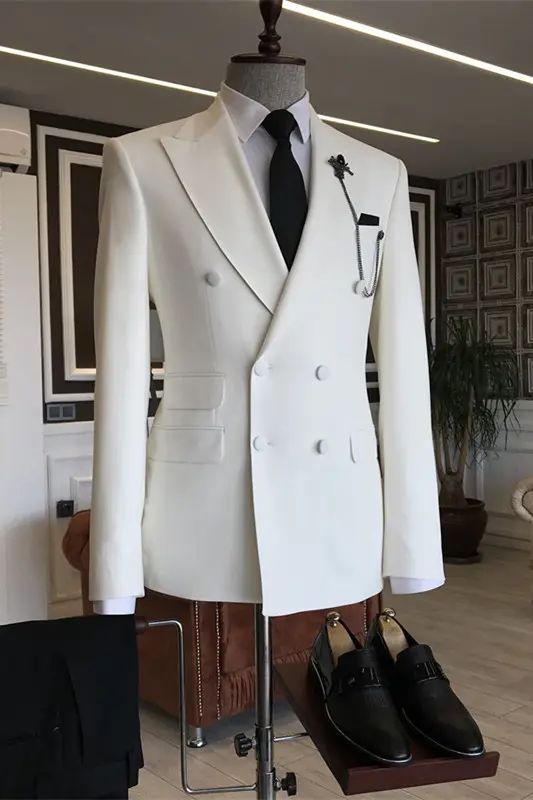 Chris Simple White Peaked Lapel Two Pieces Men Suits For Prom Black And White Wedding Suit, White Blazer Black Pants, Graduation Suit, Mens White Suit, Double Breasted Suit Men, Prom Suits For Men, Double Breasted Tuxedo, Women's Vests, Black And White Suit