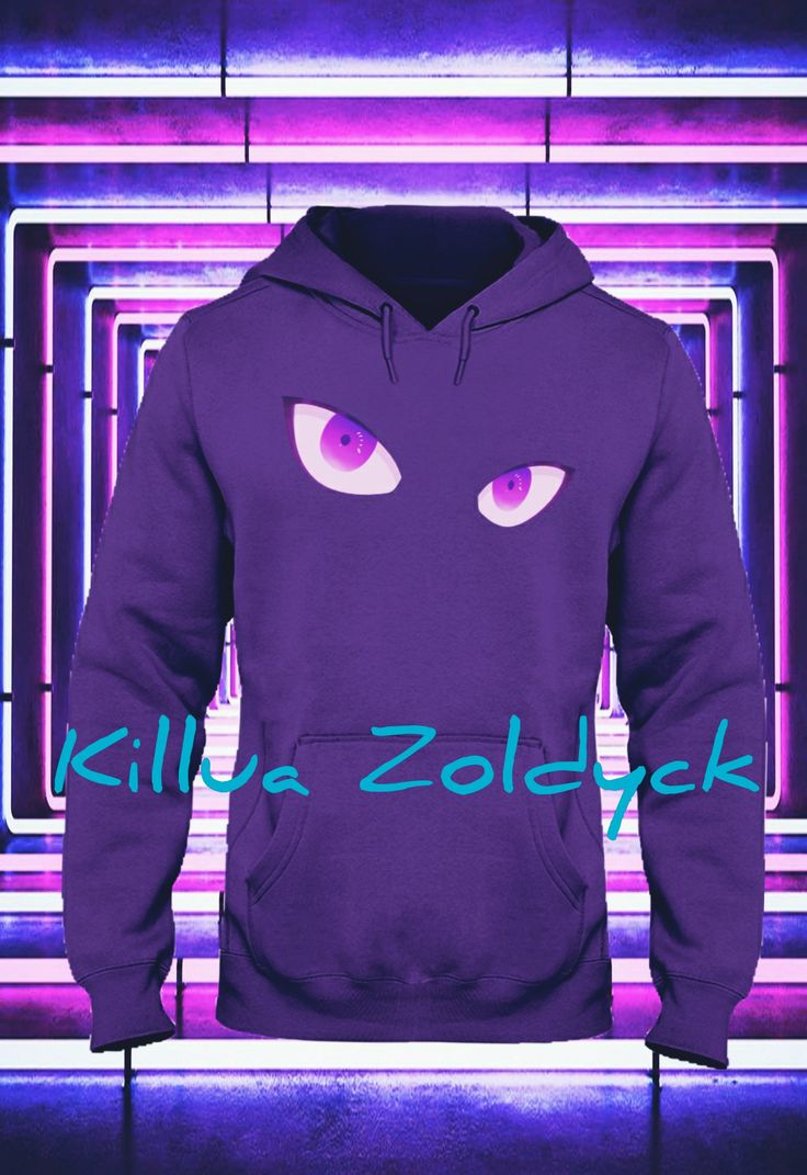 a purple hoodie with an evil face on the front and pink eyes on the back