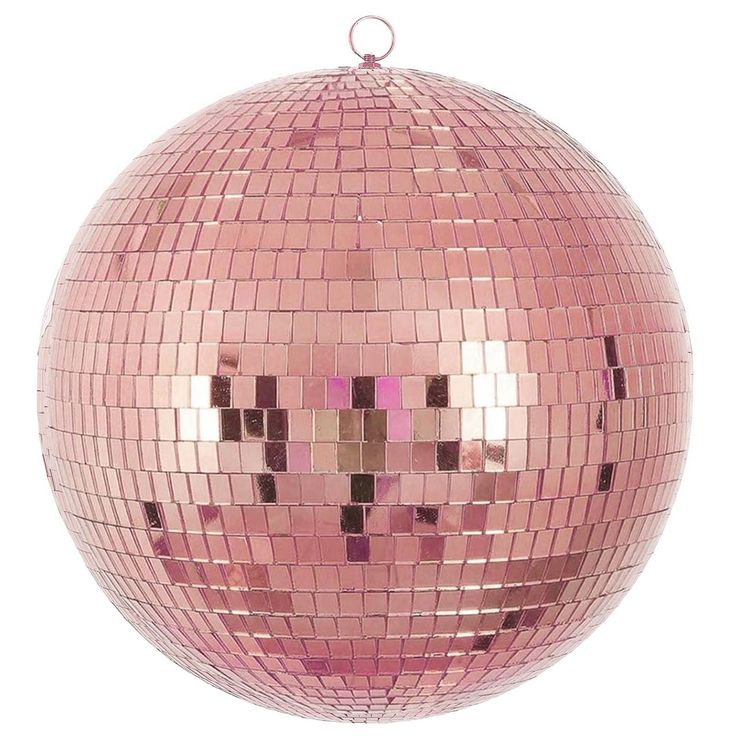 a pink disco ball ornament hanging from a string