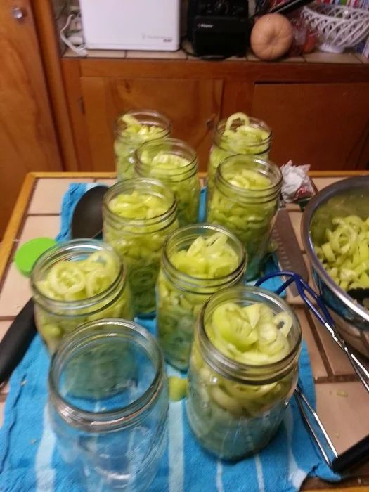 several jars filled with pickles sitting on top of a blue towel next to spoons