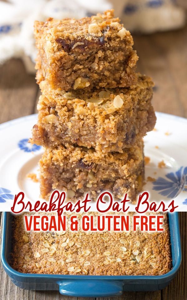 three vegan gluten bars stacked on top of each other with text overlay