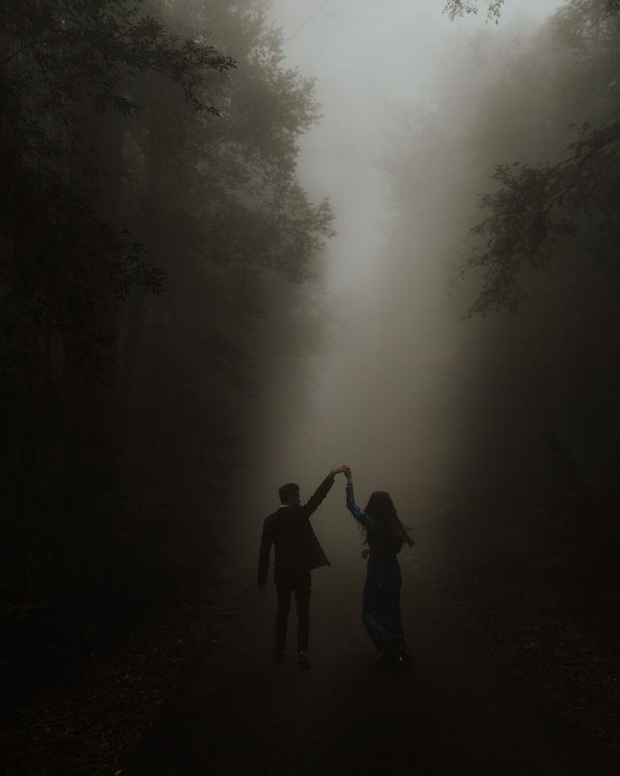 two people holding hands in the middle of a foggy forest with trees on either side