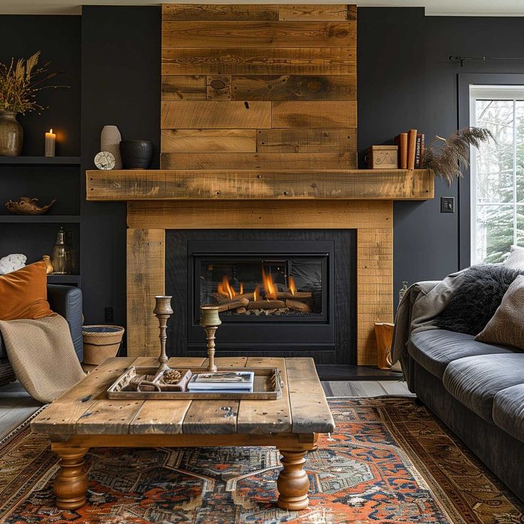 a living room filled with furniture and a fire place in the middle of the room