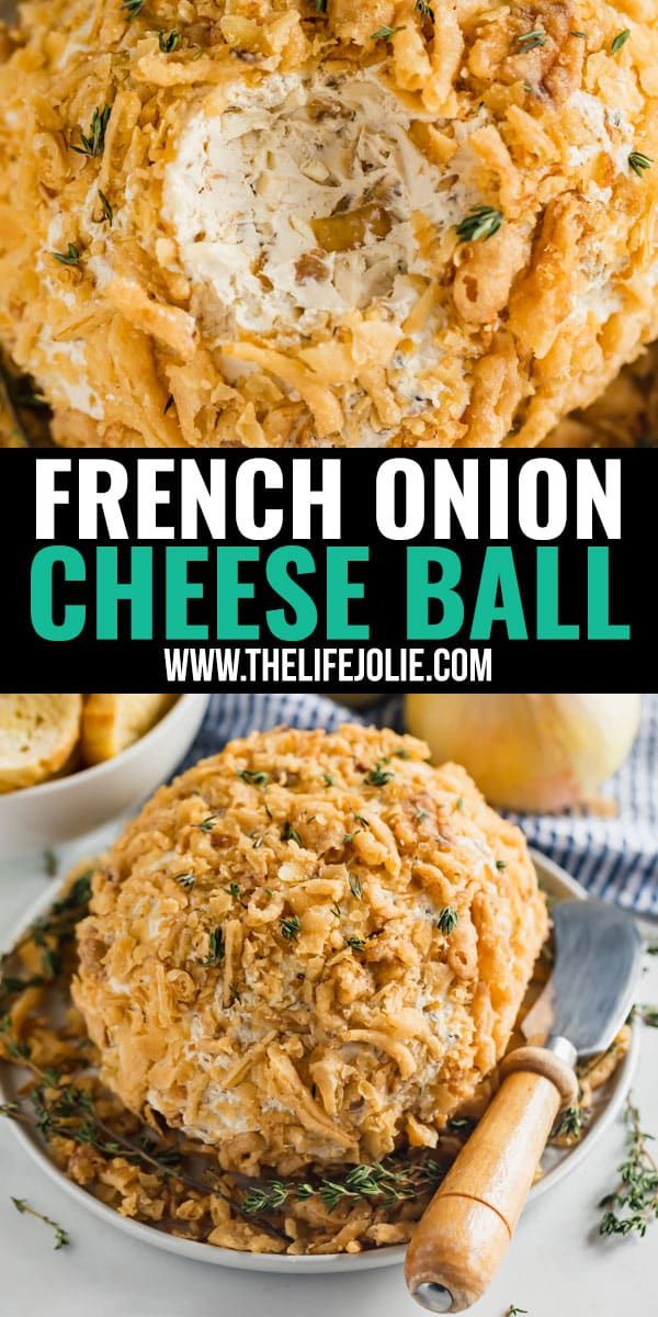 french onion cheese ball on a plate with the title above it in green and white