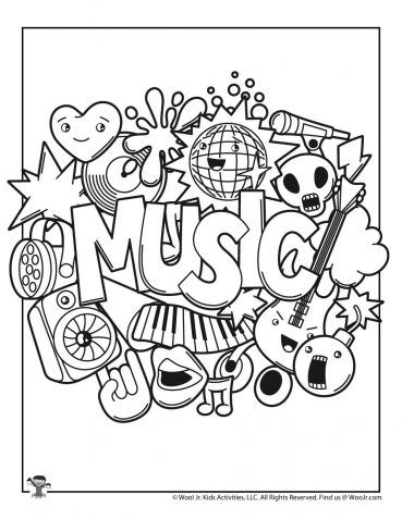 the word music surrounded by doodles and other items in black and white coloring pages