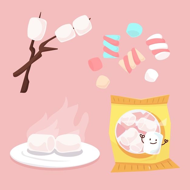 a bag of marshmallows next to a plate and a tree branch on a pink background