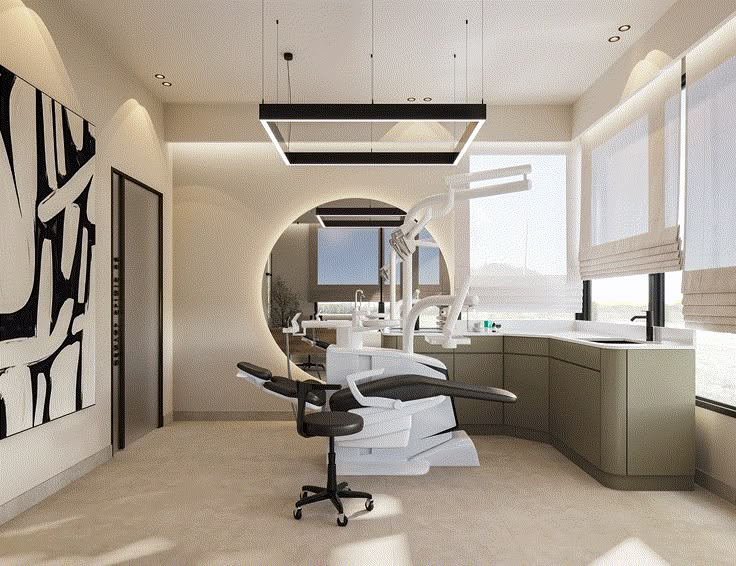 a dentist's chair sits in the middle of a room with an art work on the wall