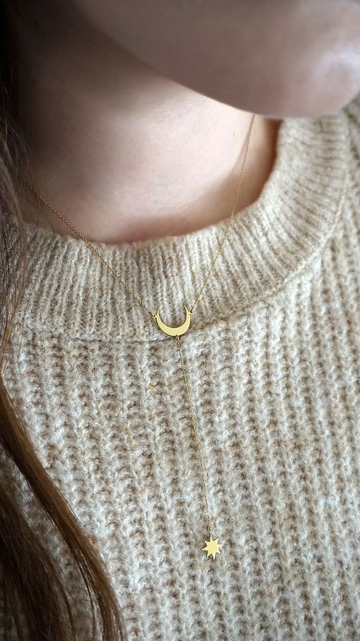 "Moon and Star Lariat Necklace, 14K 9K Solid Gold Y necklace, Crescent Moon Drop necklace, Minimalist Dainty Y necklace, Layering Necklace, Women Gift, Bridesmaid necklace, Simple lariat gold necklace, Rose gold lariat necklace, FREE EXPRESS SHIPPING Delicate Crescent moon and Star Lariat Y necklace made in 9K or 14K solid gold. Whisper...Celestial Elegance! ------------------------------------------- D E T A I L S 14K Solid Gold or 9K Solid Gold Crescent moon: 17mmx12mm Star: 9.7mmx9.7mm Length Minimalist Moon Phase Necklace, Dainty Crescent Yellow Gold Charm Necklaces, Dainty Yellow Gold Crescent Charm Necklaces, Dainty Crescent Yellow Gold Necklace, Dainty Yellow Gold Crescent Necklace, Minimalist Yellow Gold Charm Necklace With Moon Phase, Minimalist Yellow Gold Moon Phase Charm Necklace, Dainty Yellow Gold Half Moon Necklace, Minimalist Yellow Gold Moon Necklace