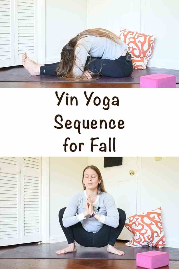 a woman sitting on the floor with her legs crossed in front of her head and hands, while doing yoga sequence for fall